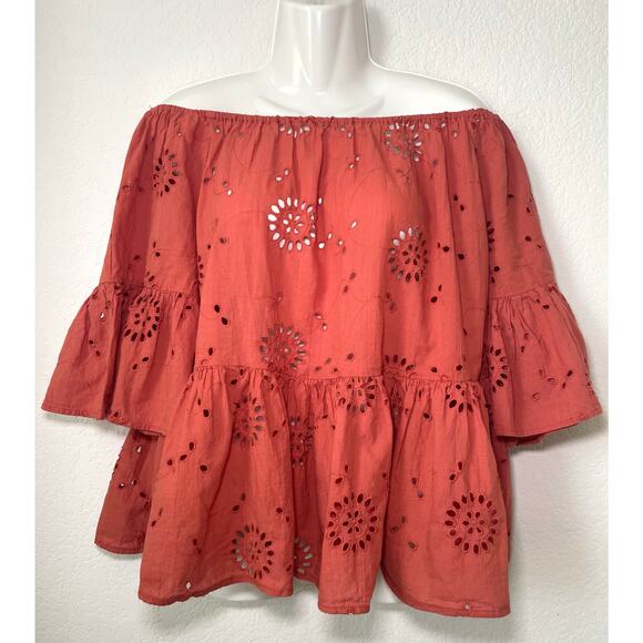Boho Style Rust Orange Women's Top W/Eyelet Detail Off Shoulder Neckline Size Lg - Picture 2 of 7